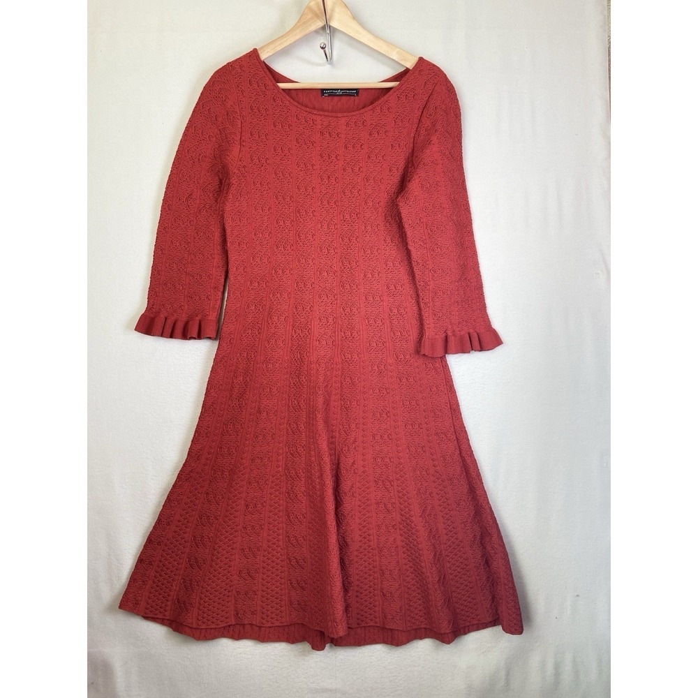 Peruvian Connection Dress Womens S Red Knit Fit Flare 3/4 Sleeve Pima Cotton